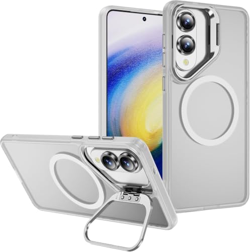 Image of Elzzi Magsafe Compatible case for Samsung Galaxy S25 Edge 5g Case Compatible with Wireless Charging, with Camera Stand, Military Grade Drop Tested, Translucent Hard Back Soft Edge Back Cover - White