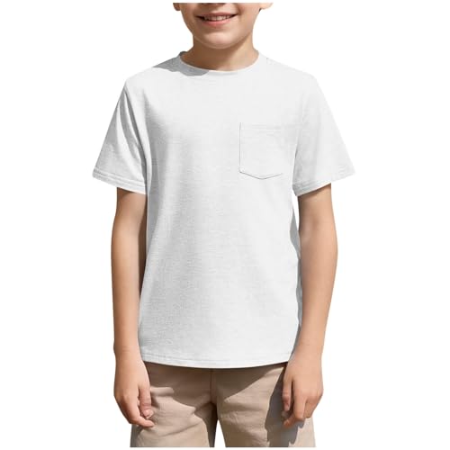 Dmmtot Camisetas de manga corta para niños con cuello redondo y bolsillos en el pecho, camisetas básicas de verano de color liso, camisetas casuales cómodas, ajustadas, uso diario, escuela, hogar