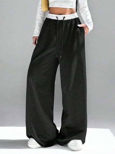 Image of dockstreet Straight Long Length Trouser Style Drawstring Contrast Belt Black and White Trackpant for Women /Trending, Relaxed Casual Lowers for Women