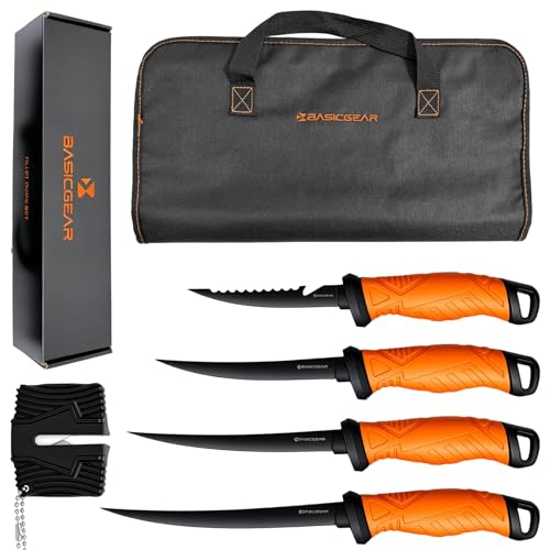BasicGear Fishing Fillet Knife Set of 4 – 5”, 7”, 8”, 9” 440C Stainless Steel Knives with Non-Stick Blades, Sheaths, Sharpener, and Carry Bag – Deboning and Filleting Tools for All Fish Types