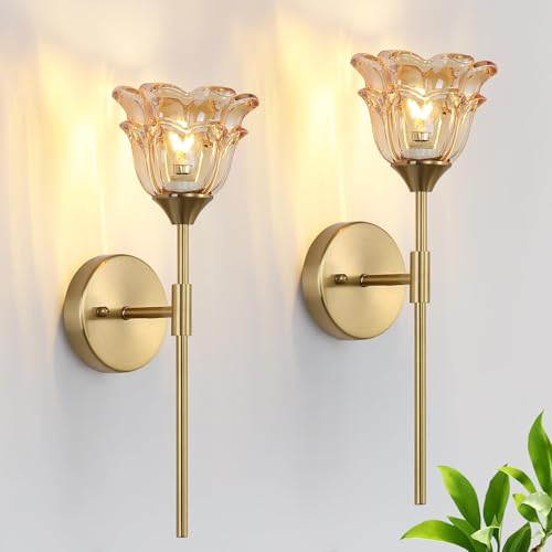 XIYOUVE 2 Pack Gold Wall Sconce with Modern Amber Glass Shades, Modern Mid Century Bathroom Vanity Wall Light Fixtures, Industrial Brushed Brass Wall Lamp, for Bedroom Mirror Living Room, ETL Listed
