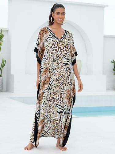 Image of KECVOT Kaftan Dresses for Women V-Neck Print Swimsuit Cover Up Plus Size Beach Caftan Lounge Dress