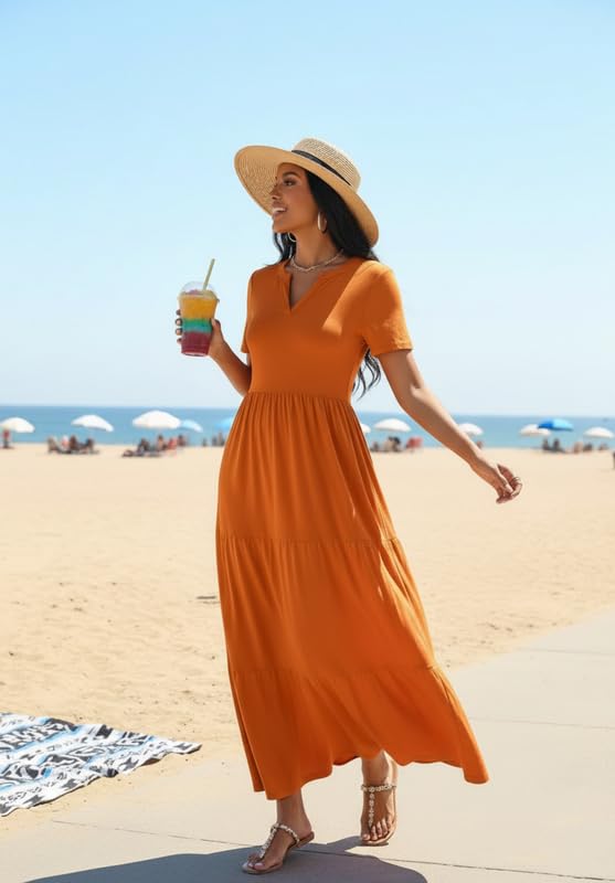 Image of MarryUP Women 2025 Casual Loose Maxi Dress with Pockets V Neck Short Sleeve Tiered Long Summer Beach Swing Dresses