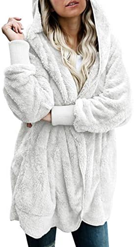 Dokotoo Womens Casual Cozy Warm Ladies Fuzzy Winter Fall Open Front Long Sleeve Fleece Pocket Hooded Cardigan Sweater Jacket Coat Outerwear White Medium