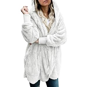 Dokotoo Womens 2024 Winter Long Sleeve Solid Fuzzy Fleece Open Front Hooded Cardigans Jacket Coats Outerwear with Pocket