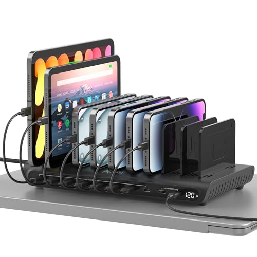 Alxum Station de Recharge - Intelligente Rapide 120W avec 10 Ports USB-C (8 * 15W + 2 * Part 65W), Organisateur de téléphone avec séparateurs Ajustables...