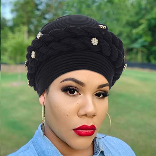 Woeoe Pre-Tied Turban Head Wraps Braid Black Women's Head Turbans Breathable Rhinestones Beanie Cap Headwrap Hair Cover Headwear For Women And Girls #TOP3
