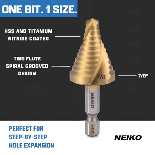 Image of NEIKO 10621A Step Drill Bit, 1 Step 7 /8 inch Spiral High Speed Steel, Titanium Nitride Coated, 1 /4 inch Quick Change Step Bits for Steel, Metal, Wood, Plastic, Unibit Cone Drill Bits, Two Flute