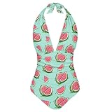 Estuaferng Cute Cartoon Watermelon Print One Piece Swimsuit, Mint Green Halter Neck Bathing Suit for Summer