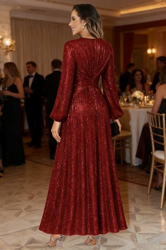 Image of Women's Formal Wedding Guest V Neck Glitter Sequins Mother of The Bride Dresses Long Sleeve