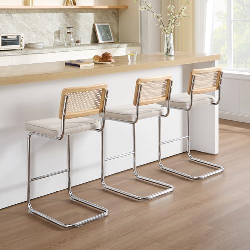 Image of Zesthouse Rattan Counter Stools Set of 3, 26'' Mid Century Modern Bar Stools, Linen Fabric Counter Height Barstool with Solid Wood Back & Natural Cane Mesh, Boho Cantilever Island Chair, Beige Grayish