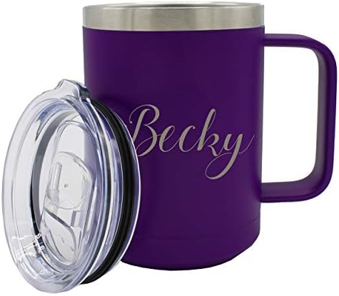 Custom Personalized and Engraved 15 oz Insulated Travel Tumbler Coffee Mug with Handle and Lid - Customized To Go Cup (Matte Purple)