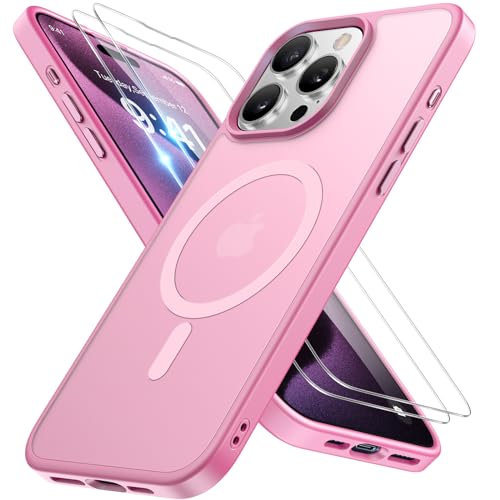 Image of Miracase Magnetic for iPhone 15 Pro Case 6.1 inch (Compatible with MagSafe)(with 2X Screen Protectors)Military-Grade Protection, Anti-Fingerprint Translucent Matte Phone Cover, Mes Pink