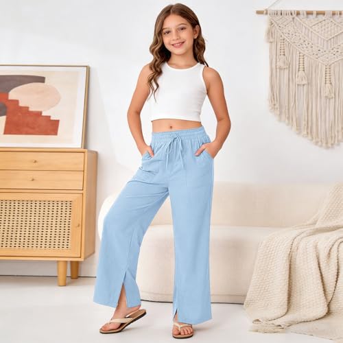 Image of Girls Linen Pants Wide Leg School Uniform Pants Cozy Elastic Waist Summer Casual Beach Lounge Trousers with Pockets