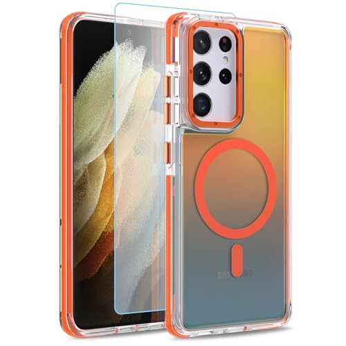 Image of Magnetic Case for Samsung Galaxy S21 Ultra [Compatible with Magsafe] [Cute Fashion Fluorescent Design] [1 Screen Protector] Slim Translucent Matte Case for Galaxy S21 Ultra 6.8 inch, Orange