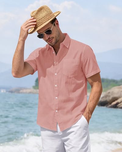 Image of J.VER Mens Linen Shirt Short Sleeve Button Down Casual Summer Shirts | Cotton Linen, Untucked, Big Tall, from Beach Camp Vacation, Cruise Fishing, Work Office, to Wedding Party Family, with Pocket