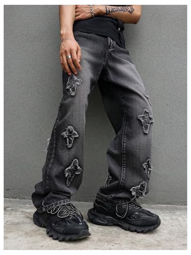 Verdusa Men's Frayed Raw Hem Jeans Straight Leg Washed Denim Pants with Pockets Streetwear3