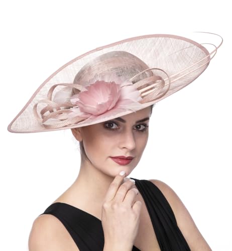 SAFERIN Fascinators Hat Flower Mesh Ribbons Feathers on a Headband and a Clip Tea Party Headwear for Girls and Women (Polyester, ST77-Pink)