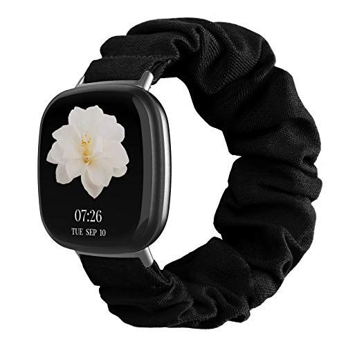 Scrunchie Bands Compatible with Fitbit Versa 3/Fitbit Sense, Women Girl Elastic Fabric Straps Pattern Printed Scrunchy Replacement Wristbands for Fitbit Versa 3/Fitbit Sense Smart Watch, Black L