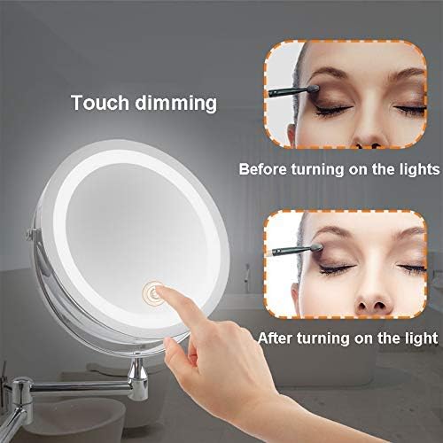 Makeup Mirror Mirror Wall Mounted Makeup with LED Light 10X Magnification 7 Inch Double- Sided Swivel Extendable Round USB Charging Touch Dimming Vanity Shaving for Bath Spa and Hotel