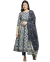Rajnandini Women's Pure Cambric Cotton Floral Printed A-Line Anarkali Kurta Set With Dupatta (Ready To Wear; Blue; XXXX-Large)(JOPLVL218-4XL)