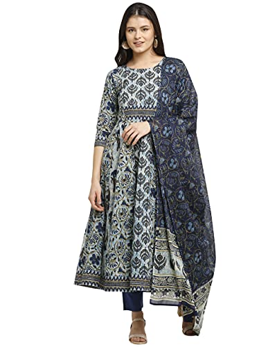 Image of Rajnandini Women's Blue Pure Cambric Cotton Floral Printed Kurta Set With Dupatta (S To 6XL- Size)(JOPLVL218-P)