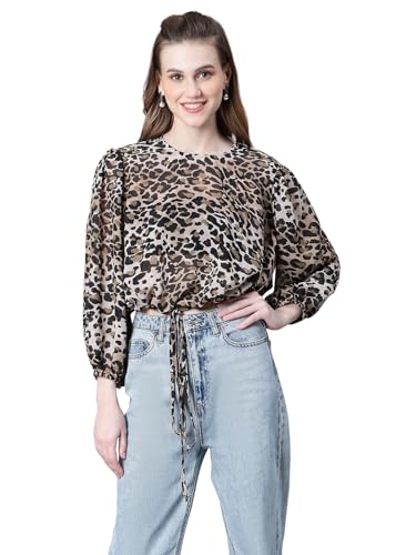 Image of oxolloxo Women Animal Print Round Neck Long Sleeve Elasticated Tie-Up Crop Top