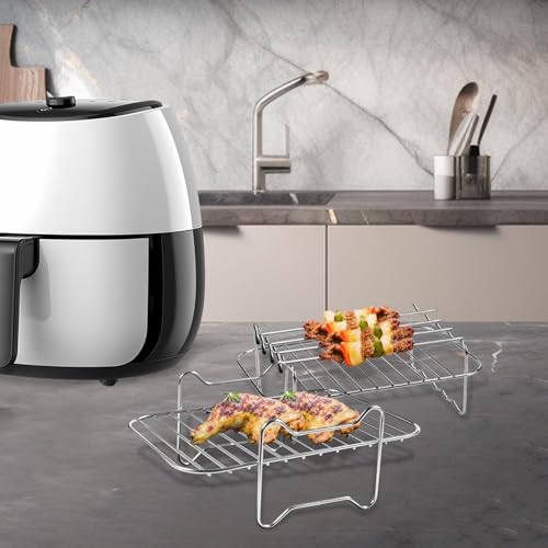 YIWONFU 2 Stück Heißluftfritteuse Grillrost(20x13cm), Antihaftbeschichtung Dual Zone Heißluftfritteusen Zubehör für [AF300EU] [AF400EU], 304 Edelstahl Airfryer zubehör mit 4 Spießen