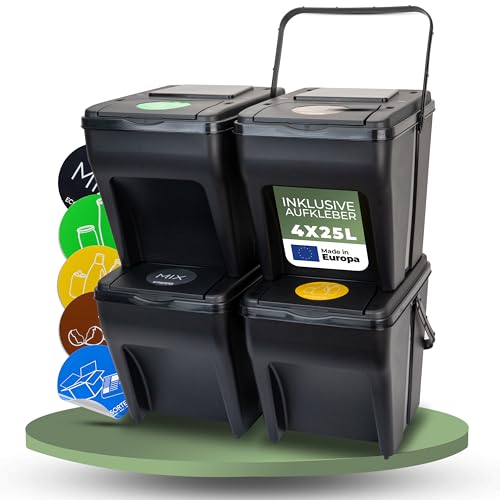 Novaliv Mülltrennsystem Set - 4x 25L Mülleimer Trennsystem - Mülleimer 4 Fächer - Mülltrennsysteme stapelbar - Mülltrennung Recycling Behälter - Abfalltrennsystem - Müll Organizer Müllsortierer