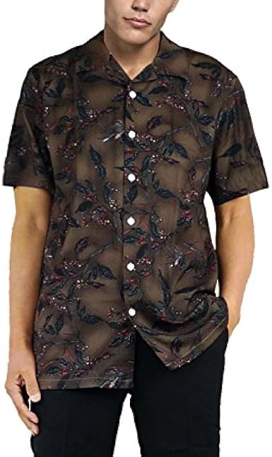 Amazon 開襟シャツ リーフ柄シャツ 半袖 メンズ レトロシャツ ブラウン メンズ半袖 カットシャツ ストリート ロック パンク ファッション オープンネック オーブンカラーシャツ Tシャツ カットソー 通販