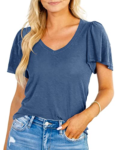 Chang Yun Shirts For Women V Neck Womens Summer Tops Ruffle Short Sleeve Casual Loose Basic T Shirts Business Tunic Navy #TOP17