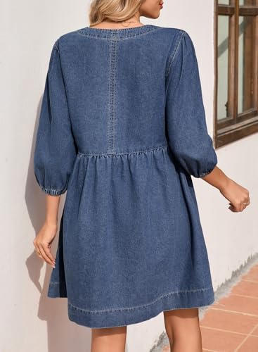 Sidefeel Women's Spring Outfit Denim Dress 3/4 Sleeve Loose Fit Square Neck Summer Jean Dresses with Pockets2