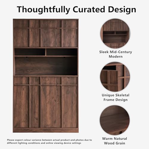 Image of 72 inch Pantry Cabinet, Tall Kitchen Pantry Storage Cabinet with Countertop, Adjustable Shelves, Mid Century Modern Wooden Kitchen Hutch with Skeleton Lines for Living Room, Dining Room, Walnut