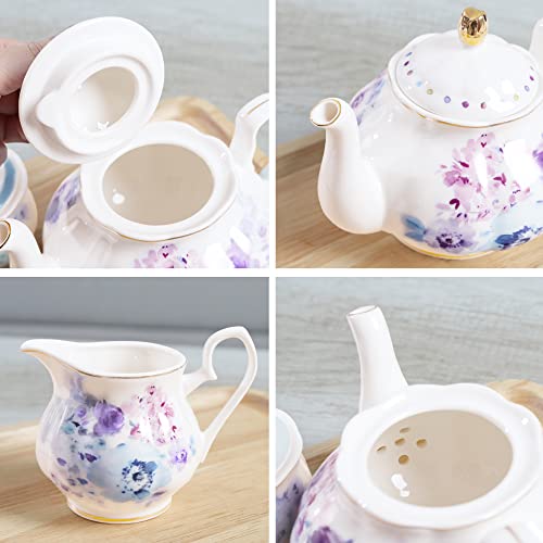 Fanquare Floral Porcelain Tea Set, Elegant Blue Coffee Set, Modern Tea Service For 6, Tea Party Set For Birthday, Wedding #TOP1
