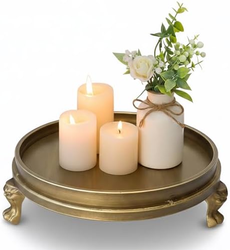 Brass Color Decorative Tray, 11.8-Inch Round Serving Tray with Cl...
