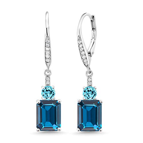 Gem Stone King 6.13 Cttw London Blue Topaz and Swiss Blue Topaz Dangle Earrings For Women - 925 Sterling Silver - Gemstone November Birthstone - Emerald Cut 9X7MM