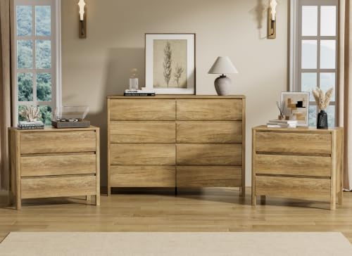 Image of Furniway 3 Piece Bedroom Set, 8 Drawer Dresser and Nightstands, Natural Oak