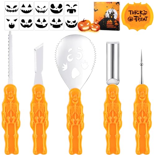 wokdsbl Halloween Pumpkin Carving Kit 16Pcs with Stencils and Candy Tray Professional Stainless Steel Carving Tools Set Reusable Pumpkin Decorating Kit for Kids & Adults