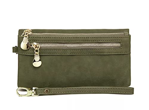 Women's Genuine Leather Zipper Wallet with Large Storage Capacity Multiple Card Slots and Secure Closure (#06 Olive Green)
