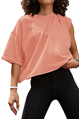 Image of HUGOOME Womens Oversized Workout Crop Top Casual Short Sleeve Boxy Roll Hem