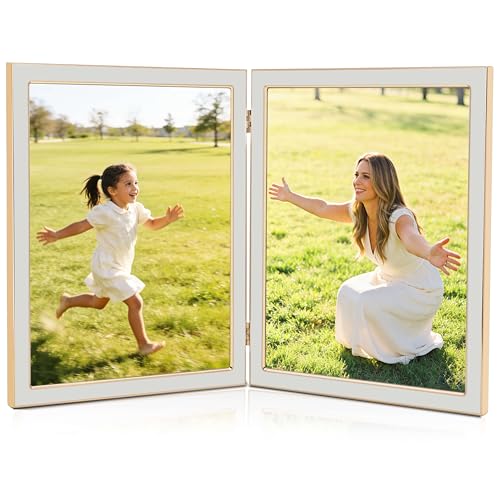 ACHAVINM 8x10 Double Picture Frame with White Enamel Finish Gold Edge Metal Hinged Photo Frames Real Glass Front Velvet Back Display for Wall and Tabletop Ideal for Wedding Couple Family Photos