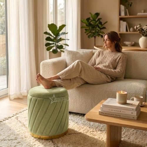 Image of Mythic ArtsRound Upholstered Sitting Stool & Footrest Velvet Storage Ottoman Pouffe16 X 16X 19 inch | Versatile Puffy for Living Room, Bedroom, and Office ? Chic Home Furnishings & Dcor Pista Green