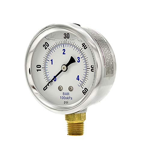 Pic Gauges Pro-201L-254D 0-60 Psi Pressure Gauge, 2 1/2" Dial, 1/4" Male Npt Connection, Bottom Mount, Dual Scale, Glycerin Filled, Stainless Steel Case/Bezel, Brass Internals & Plastic Lens #TOP6