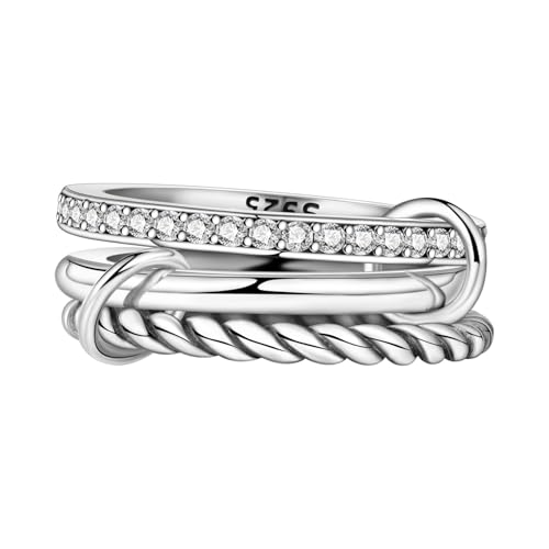 PANPOKI Stackable Ringe Set 925 Sterling Silber Minimalistischer Band & Vintage Blumenring mit Zirkonia | Damen Stacking Rings | Geschenkbox + Putztuch (3 Rings 54mm(Ø:17.3mm))