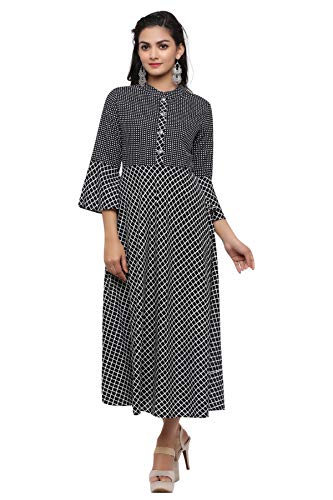 Image of JAPER KURTI Women'S Black & White Fit and Flare Anarkali Kurta with Geometric Print | Bell Sleeves & Mandarin Collar | Ethnic & Casual Wear