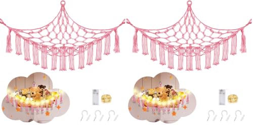 Image of CERETIA Stuffed Animal Hammock with LED Light, Large Stuffed Animals Storage Corner Plushie Net for Kids Room Decor, Pink (Pack of 2)