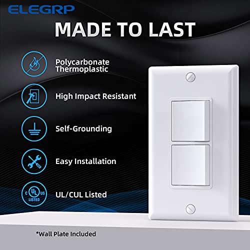 Elegrp Decorator Double Rocker Light Switch, Two Single Pole Electrical Paddle Switch, 15A, 125V, In-Wall On/Off Switch, Self-Grounding, Wall Plate Is Included, Ul Listed (1 Pack, Glossy White) #TOP1