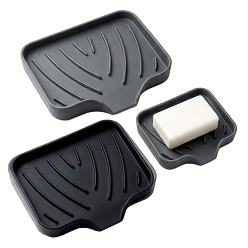 WENXINWIN 2Pcs Silicone Soap Dish with Drainage Non-Slip Soap Holder for Bathroom & Kitchen Keep Soap Dry & Easy to Clean(Black/Grey)