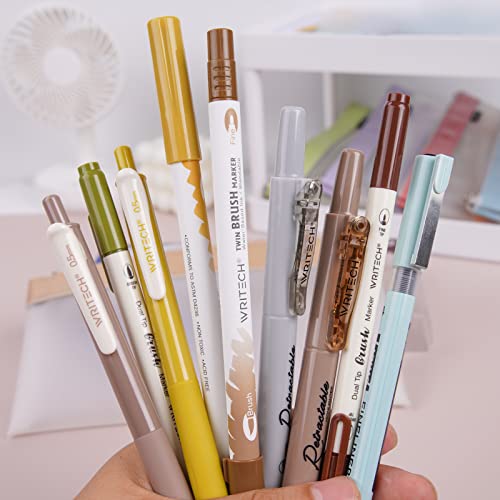 Image of WRITECH Journaling Gel Pens Highlighters: 0.5mm Fine Point Retractable Gel Ink Pen Assorted Colored Highlighter Fineliner Multicolor Dual Tip Brush Marker Bulk Extra Smooth No Bleed 9ct (Earth Tone)