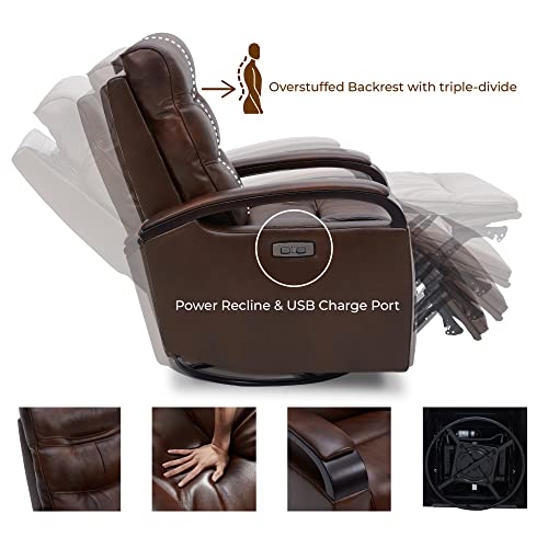 Chita Genuine Leather Power Swivel Glider Rocker Recliner, Usb Charge Power Headrest Wooden Contrast Armrest Double Layer Backrest Recliner Chair Sofa For Living Room And Nursery-Cognac #TOP3